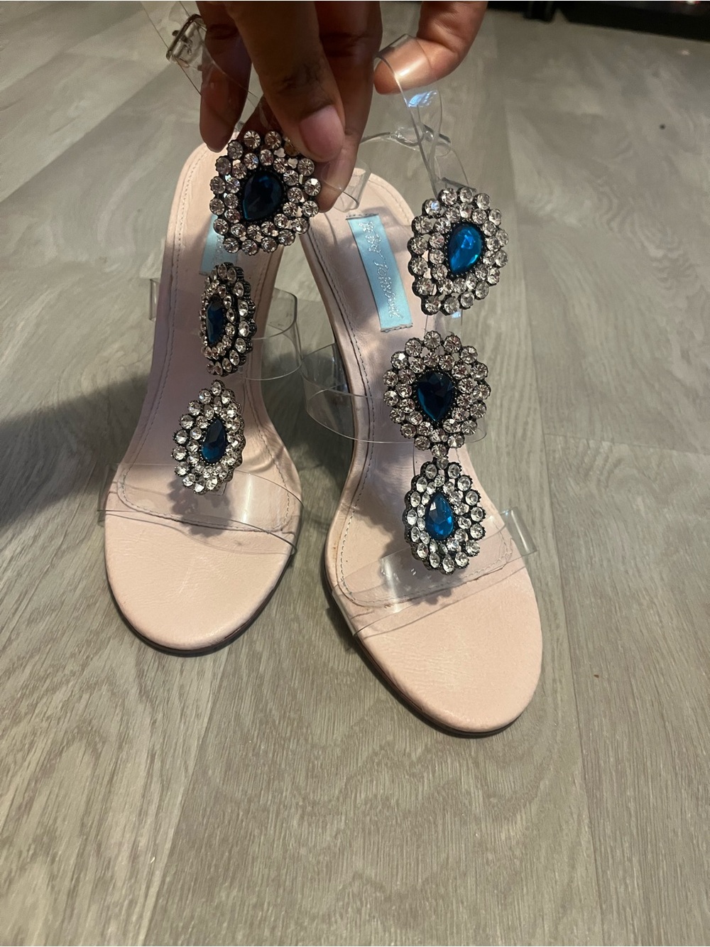 Betsey Johnson Clear Heels with Blue Teardrop Crystal Embellishments - Picture 2 of 7